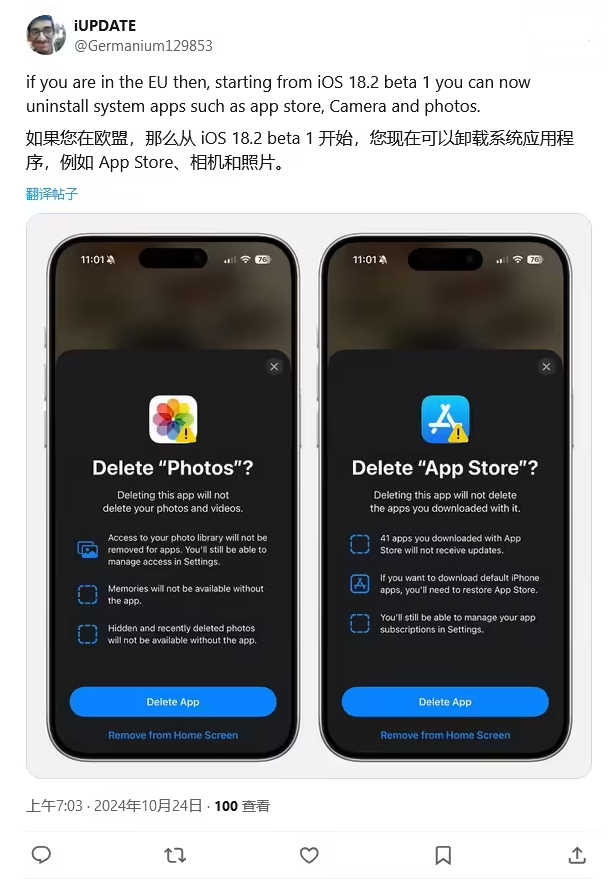 永康苹果手机维修分享iOS 18.2 支持删除 App Store 应用商店 