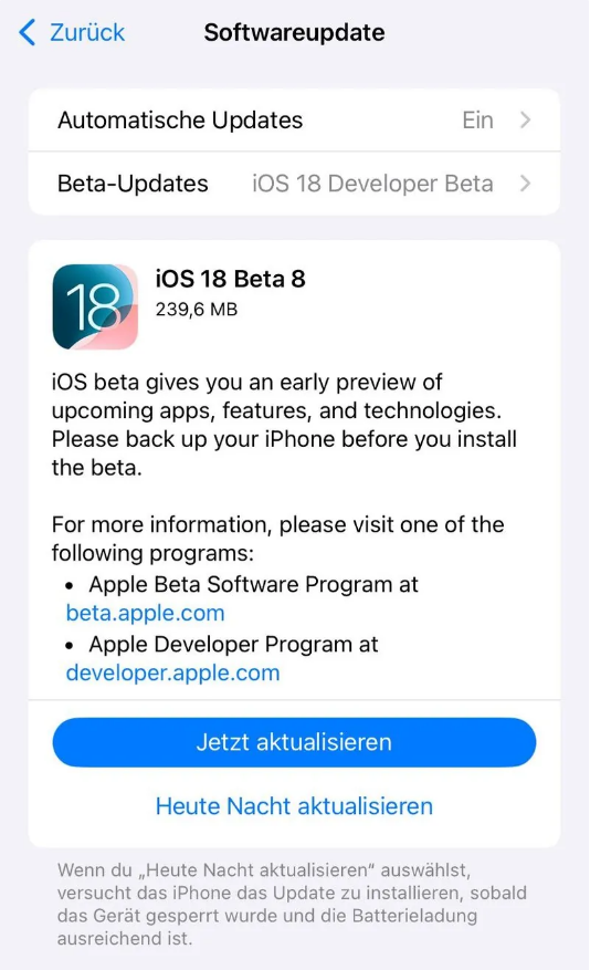 永康苹果手机维修分享苹果 iOS / iPadOS 18 开发者预览版 Beta 8 发布 